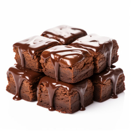brownies on a wooden board with chocolate drops, showcasing a cubo-futurism style. the repetitive pattern and soft brush strokes create a unique visual appeal. the white background enhances the glazed surfaces of the brownies. this photo is available under a creative commons attribution license and is perfect for health goth enthusiasts. ai generatedの素材