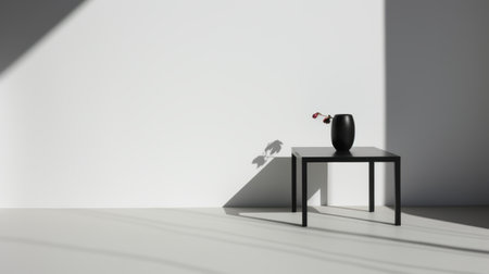 an empty floor with a black vase on a table, showcasing a minimalist illustrator's style of shadow play. the scene is adorned with light gray and red elements, reflecting an industrial design aesthetic. the artist's expertise lies in mingei-inspired object portraiture, employing physically based rendering techniques. ai generatedの素材