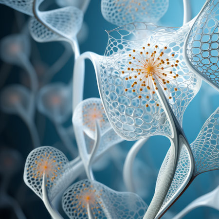 a 3d concept artwork featuring an invisible plant structure is depicted in this image. the artwork showcases intricately patterned backgrounds in shades of dark white and light aquamarine, as well as white and orange. the composition includes elements such as infinity nets, organic flowing forms, and richly detailed backgrounds, with a focus on materials. ai generatedの素材
