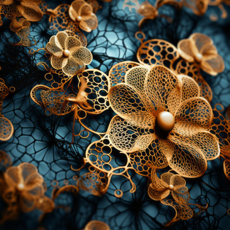 a floral background featuring intricately designed golden flowers made of wire, inspired by the artistic style of anka zhuravleva. the background has a densely textured or haptic surface, with a combination of dark cyan and orange hues. the design includes intricate cut-outs and photographically detailed portraitures, showcasing photorealistic detail. ai generatedの素材