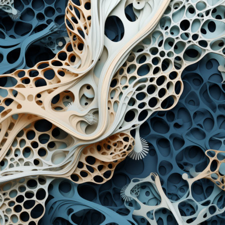 abstract pattern created through 3d rendering featuring a combination of blue and white plastic bottles. the design showcases organic forms reminiscent of intricate woodwork, with muted tones resembling the artistic style of ellen jewett. the composition incorporates light orange and dark gray hues, resembling cellular formations and punctured canvases, evoking a sense of bone-like textures. ai generatedの素材
