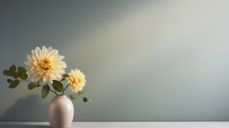 a modern and minimalistic chrysanthemum arrangement in a vase, styled in minimalism with clean lines and a simple color palette. the painting captures the essence of modern portraiture, with a focus on the subject's details and a neutral color tone. the lighting is soft and subtle, enhancing the subject's features. ai generatedの素材
