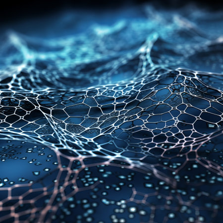 a blue light net with blue water, featuring organic biomorphic forms, realistic hyper-detailed rendering, intricate webs, selective focus, crystalline and geological forms, molecular structures, and a color palette of light silver and dark navy. ai generatedの素材