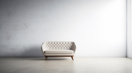 a white chair is placed in front of a window, against white walls, in a realistic rendering style. the retro design showcases luxurious textures and an elegant ambiance. the polished concrete floor adds to the muted tonality, while the mid-century aesthetic creates an emotive atmosphere. ai generatedの素材