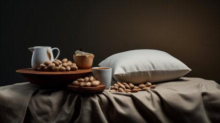 coffee table top and pillows in the living room, adorned with coffee mugs and nuts, showcasing the artistic style of michal karcz. the matte background and soft lighting enhance the eco-friendly craftsmanship of the furniture. the delicacy of touch is evident in the sculpted design, reminiscent of the works of sopheap pich. ai generatedの素材