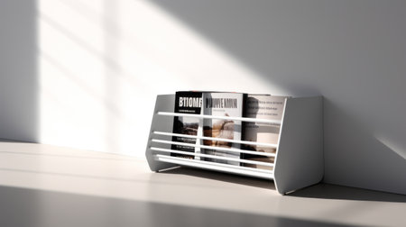 a white magazine rack is mounted on the side of the wall, showcasing an elegant design inspired by octane render, bloomcore, microfilm, booru, and industrial themes. with its sleek lines and lively tableaus, this magazine rack adds a touch of sophistication to any space. ai generatedの素材