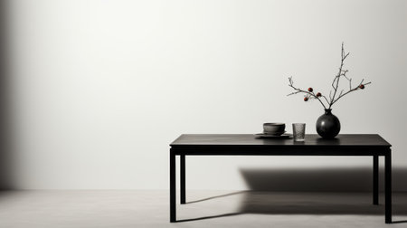 a small table with a vase of flowers is placed beside a white wall, showcasing a dark palette chiaroscuro. this minimalist danish design captures a serene minimalism, with a sleek metallic finish. the 8k resolution enhances the details of this kitchen still life, creating a visually stunning image. ai generatedの素材
