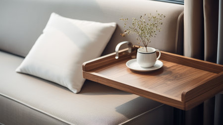 the tray, designed by kentaro miura, is a perfect addition to any hotel room or airplane interior. with its delicate flower motif and photorealistic rendering, this light brown and white tray exudes classic japanese simplicity. the soft-focus and uhd image capture the intricate details of this elegant piece. ai generatedの素材