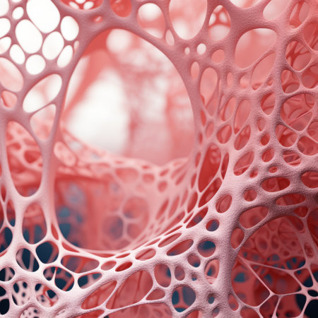 a blue and pink structure with open cells, resembling layered organic forms, is depicted in this hyper-detailed rendering. the intricate storytelling is enhanced by the monochromatic color scheme and selective focus on bone-like elements. red threads add a contrasting touch to the composition. ai generatedの素材
