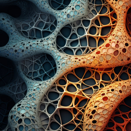 a 3d vector polygon geometry art showcasing layered organic forms in light orange and dark blue colors. this high-resolution artwork features intricate joints and connections, resembling infinity nets. the shaped canvas adds depth and dimension to the piece, creating a bone-like structure. perfect for art enthusiasts and lovers of 3d images. ai generatedの素材