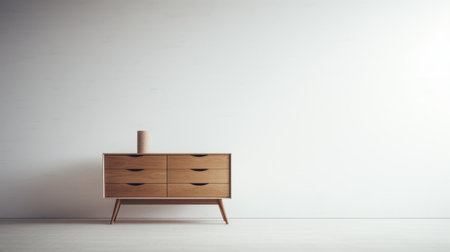 an empty living room showcasing a dresser adorned with a vase, reflecting the essence of conceptual minimalism. this high-quality photo captures the beauty of wood and abstract minimalism, appealing to admirers of minimalistic japanese aesthetics. the light brown tones add a touch of warmth, while the overall design exudes elements of industrial and product design. ai generatedの素材