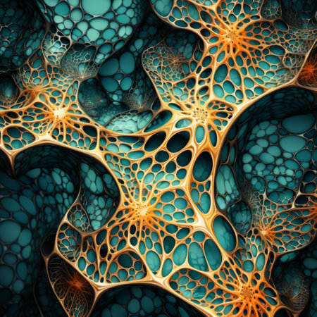 a photo of faerie creatures 2, an abstract digital artwork featuring interlocking structures in the style of cellular formations. the artwork showcases a combination of light orange and dark cyan colors, creating an intriguing visual contrast. the intricate sculpting and use of unconventional materials result in a captivating piece that resembles infinity nets. ai generatedの素材