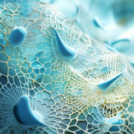 a cell divider image showcasing intricate webs of blue molecules. the textured surface layers create a hyperrealistic rendering of the human form. the use of focus stacking technique enhances the details, while the combination of light gold and light cyan adds depth. the densely textured or haptic surface gives a realistic feel, resembling hyperrealistic marine life. ai generatedの素材