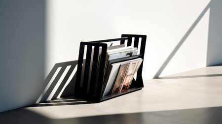 a dark wood magazine rack with monochromatic shadows, bold black lines, soft edges, and blurred details. this unique piece of furniture plays with light and shadow, reminiscent of the die brucke art movement. made of steel, it is perfect for organizing books and portfolios. ai generatedの素材