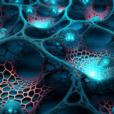 artificially created molecular structure images showcasing intricate, layered organic forms in dark turquoise and light red hues. the textures resemble striated resin veins, intricate webs, and luminous shadowing, resulting in visually captivating molecular networks. ai generatedの素材