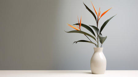 a modern and minimalistic bird of paradise arrangement in a vase, styled with clean lines and a simple color palette. the painting showcases a neutral color tone, with shades of white and grey, and soft, subtle lighting that highlights the subject's features. this minimalist approach captures the essence of modern portraiture, making it a captivating piece of art. ai generatedの素材