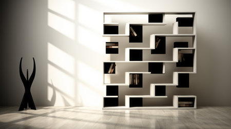 a modern bookcase, inspired by abstract illusionism, stands in the room. it showcases contrasting shadows, puzzling compositions, and a blend of dark white and light black. this design draws inspiration from the works of philipp otto runge, creating an organized chaos with its geometric complexity. ai generatedの素材