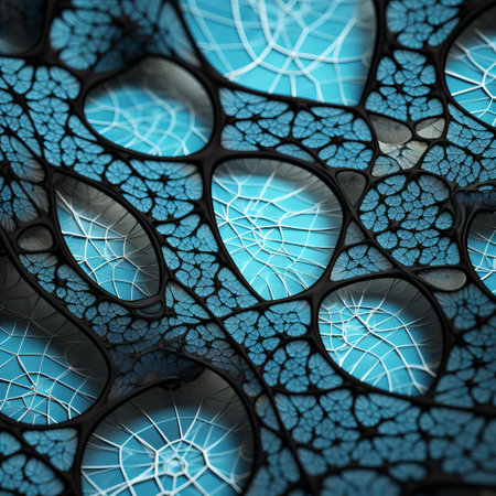 blue seamless pattern wallpaper inspired by the fluid glass sculptures of nacho carbonell and the intricate webs found in nature. this mesmerizing design combines light black and azure tones, creating a captivating visual effect. captured through macro photography, it evokes the surreal and eroded interiors depicted in the works of naoto hattori. ai generatedの素材