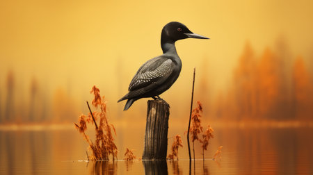a brown bird, reminiscent of tomasz alen kopera's style, sits gracefully on a wooden post by a serene lake. the bird's feathers showcase a beautiful blend of light yellow and dark black hues. this national geographic photo captures the bird against a smokey background, creating a captivating atmosphere. the composition evokes the pointillist artworks of martin johnson heade, making it a deserving contest winner. aiの素材