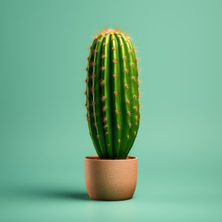a tiny green cactus sits in a pot on a shade of blue, showcasing the unique style of zbrush. this mesmerizing photo, inspired by the works of mike campau, features minimal retouching and is colorized with dark yellow and light pink hues. the curvilinear lines create captivating optical illusions. ai generatedの素材