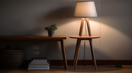 a high-quality photo showcasing a 3d model of a floor lamp and side table made of wood, featuring a shelf. the design is inspired by the fujifilm xf 56mm f/1.2 r lens and takayuki takeya's style, combining traditional craftsmanship with understated simplicity. the photo captures the natural lighting, reminiscent of the works of henry ossawa tanner. ai generatedの素材