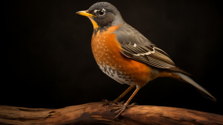 a robin bird perched on a stick is captured in this black and white photo. the image is in the style of dark teal and amber, showcasing the intricate details of the bird. with a resolution of 32k uhd, the photo is reminiscent of the american barbizon school. the contrasting colors of light orange and dark crimson add depth to the image, while the varyingの素材