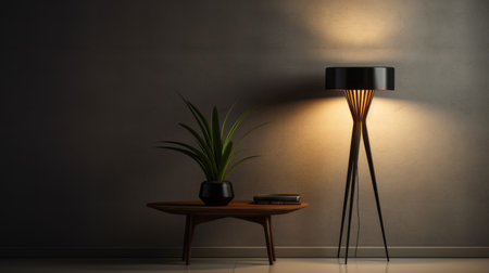 modern room concept featuring a lamp stand and a potted plant. this 3d rendering showcases a film noir aesthetic with a light-focused ambiance. the room is designed in a dark beige and dark amber color scheme, complemented by wood accents and a touch of light black. the image captures a classic still-life composition, creating a visually stunning and atmospheric scene. ai generatedの素材