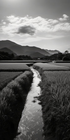 a black and white photograph captures a stream gracefully meandering through a picturesque field. inspired by the style of joong keun lee, this stunning image was taken using a leica m10 camera. the composition, reminiscent of the work of mahiro maeda, showcases the beauty of nature. this national geographic photo showcases traditional craftsmanship and features densely patterned imagery. ai generatedの素材