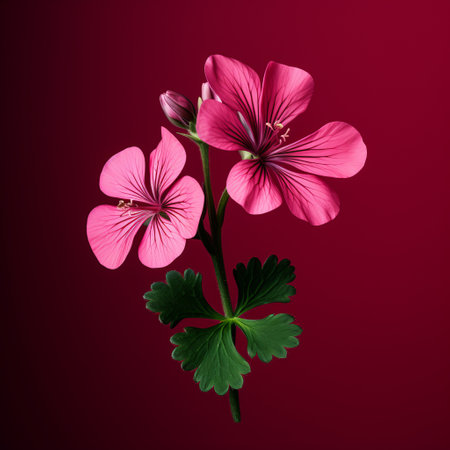 a photo of a red rose flower with geranium petals, surrounded by plant leaves on a vibrant red background. the image is created in the style of zbrush, featuring a combination of dark white and pink hues, as well as light purple and dark green tones. this minimalistic japanese-inspired still life showcases detailed and delicate flowers with a playful coloration. ai generatedの素材