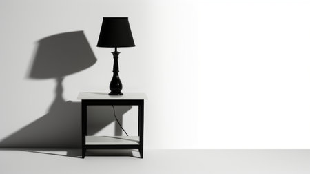 a table lamp with a shadow in space, showcasing a neoclassical simplicity and high contrast style. the black and white contrast adds to the photorealistic rendering, while the luminous shadowing creates a somber mood. this composition is reminiscent of christian schad's work. ai generatedの素材