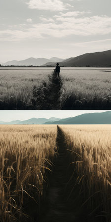 a man walks through a field, surrounded by two rows of wheat. this narrative diptych-style photograph captures the essence of a dark, documentary travel photography. the realistic landscape is depicted with soft, tonal colors, creating a visually stunning image. with its 8k resolution, the details are crisp and clear. the collage-style composition adds an artistic touch to this fictional landscape. ai generatedの素材