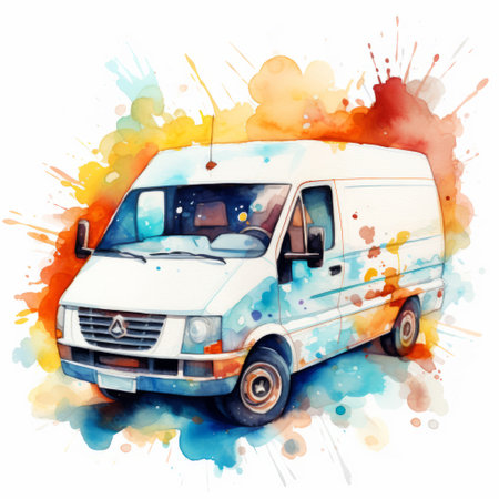 vw van on watercolor white blobs illustration, featuring a colorful surrealism style. this artwork showcases elements of realistic painted still lifes, action paintings, and simple, colorful illustrations. the neo-geo influence adds a touch of charm to the overall composition, while the inclusion of quadratura creates a visually captivating scene. ai generatedの素材
