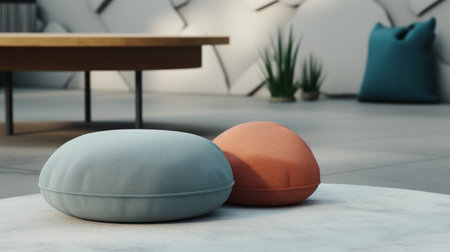 three plastic ottomans in green, pink, and blue colors are placed on a white surface. the ottomans are styled in a combination of light sky-blue and dark orange, creating a visually appealing composition. the image showcases photorealistic details and is captured using back button focus. a rug in dark orange and beige complements the overall zen minimalism of the scene. ai generatedの素材