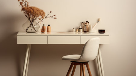 3d interior makeup table featuring cosmetics and brushes arranged on a white floor. the design draws inspiration from the nature-inspired compositions of john pawson and scarlett hooft graafland, with a color palette of beige and amber. the overall ambiance is calm and meditative, reminiscent of the work of jesper ejsing. this captivating photo was captured using a nikon d750. ai generatedの素材