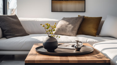 grey sofa with white lamps and gold trays, accompanied by a coffee table and coffee table top lighting. the photo showcases a photo-realistic still life, with a combination of light black and dark amber tones. the design features nature-inspired forms, with back button focus highlighting the varying wood grains. this uhd image captures the essence of zen minimalism. ai generatedの素材