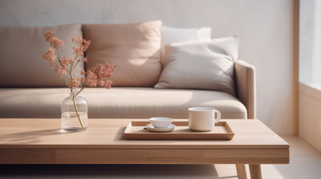 a coffee table with a table tray is placed on the window, showcasing a zen-like tranquility. the style of the table is a combination of light pink and light beige, creating a soothing and organic atmosphere. the photorealistic detail of the composition captures the naturalistic elements with high quality. the soft tonal transitions add to the overall serenity and harmony of the scene. ai generatedの素材