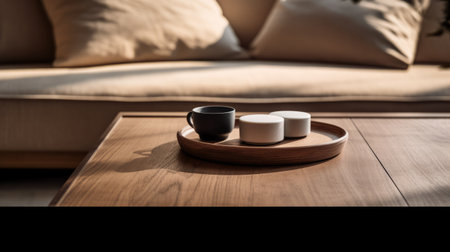a wooden table with two cups sitting on top, showcasing a japanese-inspired imagery. the photo captures soft and rounded forms, highlighting the topcor 58mm f14 lens. the use of living materials adds to the high quality of the image, creating an atmosphere of serenity. the rounded shapes further enhance the overall aesthetic. ai generatedの素材