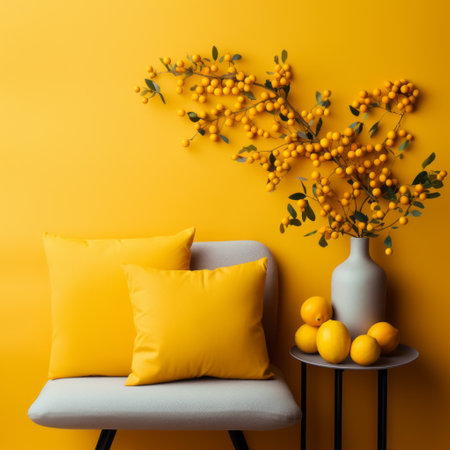 a chair and pillows are placed next to a vibrant yellow wall adorned with flowers. the overall style of the scene is a combination of dark orange and light gray, creating a festive atmosphere. the minimalist background and monochromatic color scheme add to the vibrancy of the space. the masterful use of vibrant hues, particularly yellow, enhances the environmental awareness of the setting. ai generatedの素材