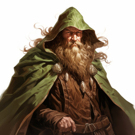the lord of the rings old man fantasy hd wallpaper features a highly detailed illustration by magali villeneuve. in the style of dark emerald and light brown, this wallpaper showcases unique character design reminiscent of late 19th-century mottled artwork. basil gogos' influence can be seen in the intricate details of this captivating fantasy wallpaper. ai generatedの素材