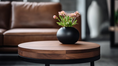 a coffee table with a small vase on top is placed near a living room. the style of the room is influenced by the bold textures, botanical accuracy, industrial materials, and rounded shapes. the photo showcases the selective focus achieved with the samyang af 14mm f2.8 rf and tamron sp 70-200mm f2.8 di vc usd g2 lenses. ai generatedの素材