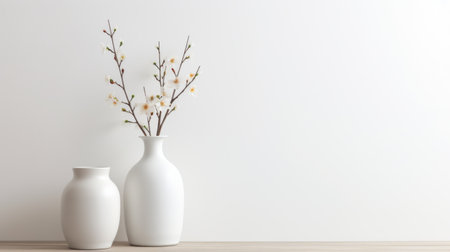 flat white vases with branches in front of them, showcasing minimalist backgrounds and oriental minimalism. this soft-focus, sketchfab image captures the essence of floral beauty with its minimalist tendencies. enjoy the uhd quality of this stunning depiction. ai generatedの素材