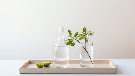 a wooden tray featuring three bottles of water and a lime is captured in a minimalistic style with light beige and white tones. the photograph by flora borsi showcases transparent layers and utilizes minimal retouching techniques. the image incorporates elements of japanese minimalism, such as focus stacking and a contrasting balance. ai generatedの素材