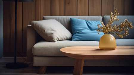 a blue and white vase sits inside a larger blue vase on a couch. rendered in cinema4d, this vase showcases earth tones with hints of light amber and gray. the scene is further enhanced by the use of unreal engine, creating a soft-focus effect. the combination of wood, dark yellow, and light pink adds a touch of warmth to the overall composition. ai generatedの素材