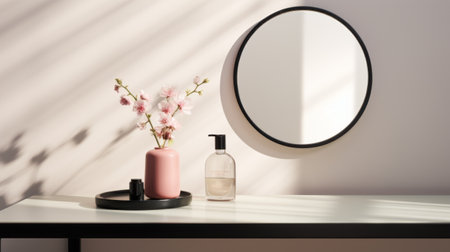 mirror and pink flowers arranged in a small white space, capturing the essence of realistic still lifes with dramatic lighting. the light pink and light black hues create a soft mist-like effect, while the use of the hasselblad hc 100mm f22 lens enhances the details. this industrial and product design-inspired composition features rounded elements, reminiscent of the mingei style. ai generatedの素材