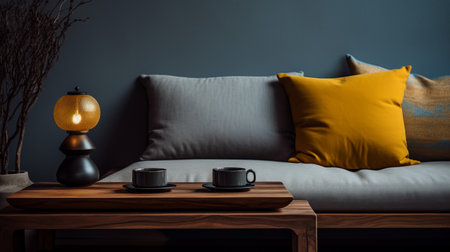 grey couch with yellow and grey pillows and a table on the floor. the photo showcases a japanese minimalism style with a dark sky-blue and dark amber color palette. captured using an anamorphic lens, the image features dark gray and brown tones, creating a dark and moody vignette. the vivid color scheme is complemented by the presence of wood elements. ai generatedの素材