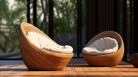a photo of a bean bag chair 2 pack, specifically a sl wicker dining chair, is captured in beijing east village. the image showcases realistic and hyper-detailed renderings, highlighting the chair's naturalistic textures. the use of common materials and caffenol developing technique enhances the high-quality result of this visually appealing photo. ai generatedの素材