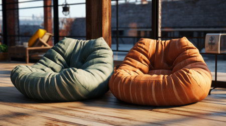 a photo of a bean bag chair 2 pack, specifically a sl wicker dining chair, is captured in the vibrant setting of beijing east village. the image showcases the realistic and hyper-detailed rendering of the chair, highlighting its naturalistic textures. the use of common materials and the incorporation of caffenol developing technique enhance the overall high-quality result of the photo. ai generatedの素材
