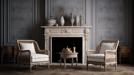 a photo of a fireplace mantel 2 pack featuring a sl wicker dining chair in beijing east village. the image showcases realistic and hyper-detailed renderings, with a focus on naturalistic textures. the use of common materials and caffenol developing technique enhances the high-quality result. ai generatedの素材