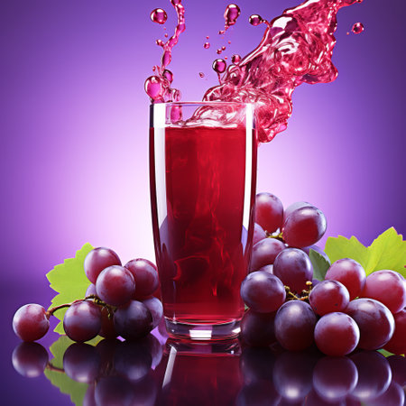 grapes with liquid pouring out of a wineglass, captured in the vibrant energy and style of caras ionut. the photo showcases light purple and light crimson hues, creating vibrant color gradients. this realistic rendering by paul pelletier, an associated press photographer, captures the essence of the scene. ai generatedの素材