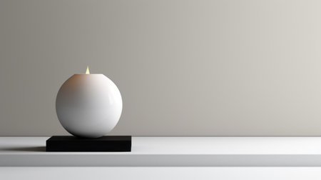 an empty rectangular egg-shaped stand sits on a shelf against a grey background, reflecting the influence of zen buddhism. the composition is characterized by a light color palette of white and black, creating a romantic atmosphere. the image is rendered using octane render and draws inspiration from lawrence alma-tadema's minimalist backgrounds. a flickering light adds an intriguing element to the overall ambiance. ai generatedの素材